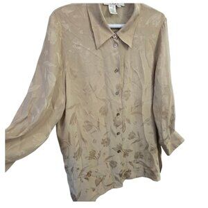 Vintage Como 100% Silk Floral Jacquard Blouse | Beige Minimalist | Size 14